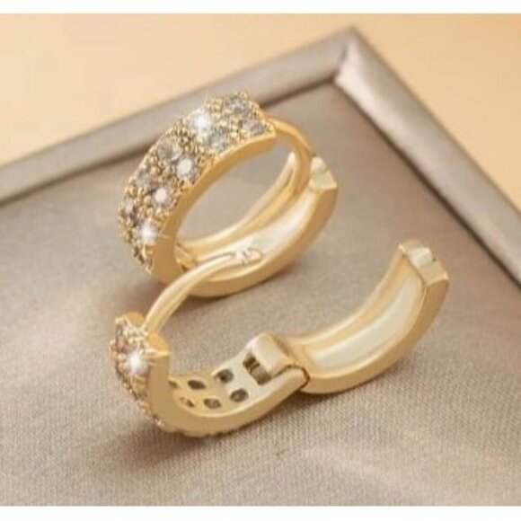 14k Gold Plated Simulated Diamond Huggie Hoop Earrings - Picture 5 of 6